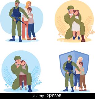 Soldiers 2D vector isolated illustration set Stock Vector