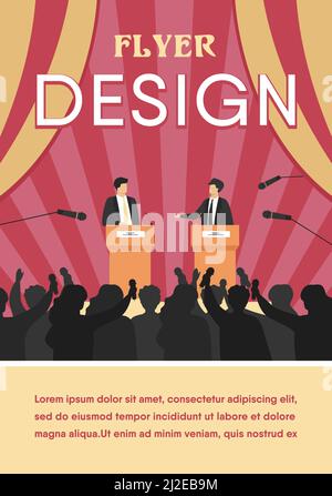Politicians talking or having debates in front of audience flat vector illustration. Cartoon male public speakers standing on rostrum and arguing. Pol Stock Vector