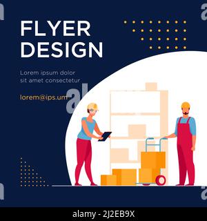 Storehouse workers keeping records of boxes. Warehouse employees in helmets with packages flat vector illustration. Logistics, shipment concept for ba Stock Vector