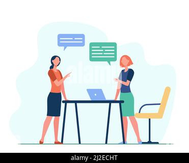 Two female colleagues discussing work. Laptop, team, speech bubble flat vector illustration. Business and communication concept for banner, website de Stock Vector