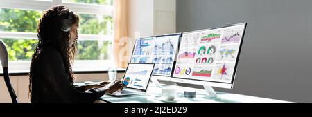 African Advisor Using KPI Dashboard With Financial Analytics Graphs Stock Photo