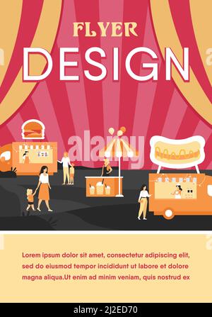 People visiting street food fair. Parents and children buying fast food in trucks outdoors. Can be used for summer food festival, park event concept Stock Vector