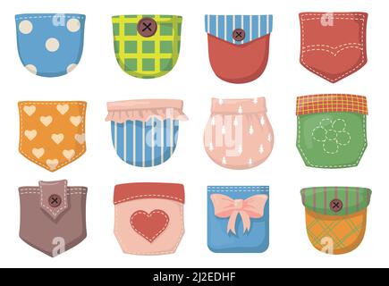 Color patch pockets. Comfort pocket patches with seam, denim patched pockets  buttons and comfortable clothes accessories vector set Stock Vector Image &  Art - Alamy