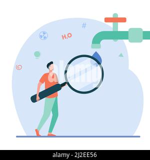 Water quality research. Man looking at water from tap through magnifying glass flat vector illustration. Chemistry, biology, safety concept for banner Stock Vector