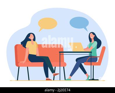 Two friends talking, sitting and using laptop. Speech bubble, chair, computer flat vector illustration. Friendship or communication concept for banner Stock Vector