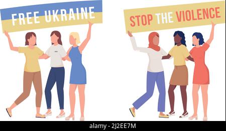 Protesting women semi flat color vector characters set Stock Vector