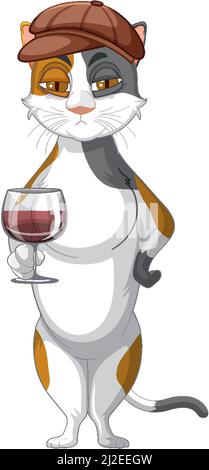 A cat standing and drinking wine on white background illustration Stock Vector