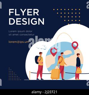 Queue of immigrants standing and holding luggage, waiting departure in airport. Group of tourists with globe, map pointers and destination line in bac Stock Vector