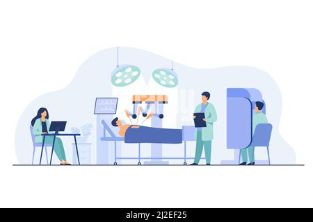 Robot operating on patient. Surgeons monitoring robotic arms work in operating room. Vector illustration for modern technology in surgery, surgical eq Stock Vector