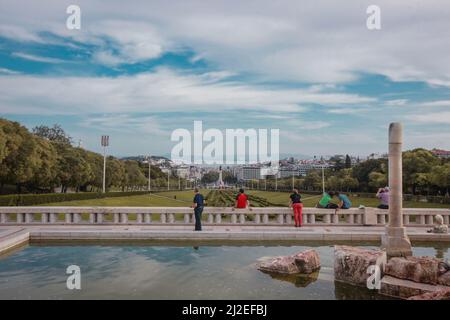 Miradouro Park Eduardo VII in Lisbon, Portugal, Europe, looking towards gardens in the park with Marquess of Pombal Statue and Avenida de Liberdade in Stock Photo