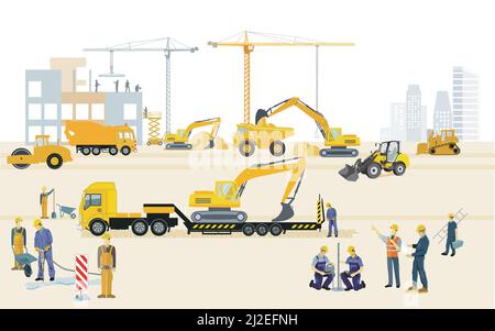 Construction site with excavators, construction machines and heavy trucks, illustration Stock Vector
