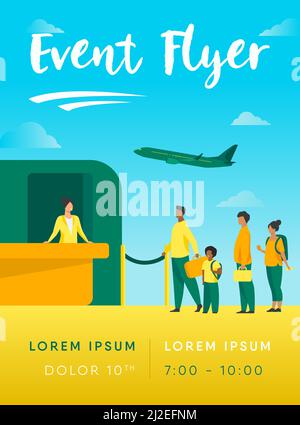 Airport queue vector illustration. Line of tourists standing at check in desk. Flight passengers waiting for boarding to plane in departure area Stock Vector