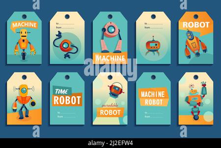 Tags cartoon set robots. Machines, cyborgs, electronic assistants vector illustrations with text. Robotics and machinery club concept for labels and p Stock Vector