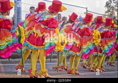 Portugal Carnaval - Women in Red Top hats and frilly dresses dancing - 'An open-air opera - Parintins Festival. Ovar, Grande Desfile or Big Parade Stock Photo