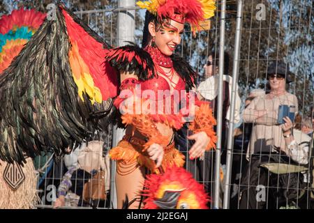 Portugal Carnaval, Smiling woman in a red, yellow and black bird costume - Ovar, Grande Desfile. Big Parade, Some specatators. Stock Photo