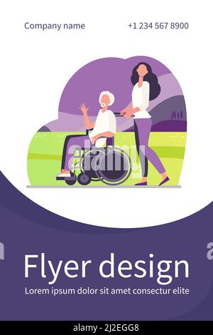 Young woman wheeling wheelchair with senior man. Volunteer helping disabled person flat vector illustration. Disability, volunteering concept for bann Stock Vector