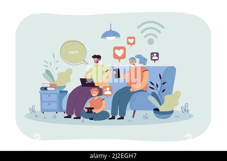 Addicted family using digital gadgets for chatting on social media. Parents and kid using smartphone, laptop, tablet at home. Vector illustration for Stock Vector
