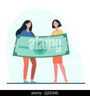 Women winning money prize. Happy girls holding huge dollar banknote flat vector illustration. Lottery, success, luck, concept for banner, website desi Stock Vector