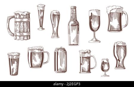 Beer drink in glasses, pints, mugs, can sketch set. Vintage beverages vector illustration. Hand drawn elements collection. Brewery concept Stock Vector