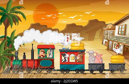 Many animals riding train in countryside illustration Stock Vector
