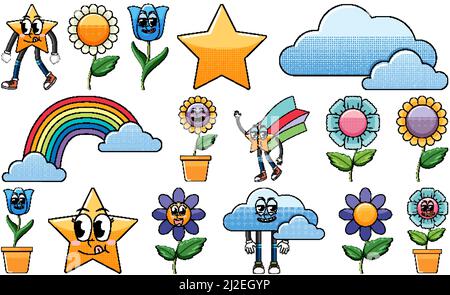 Set of facial expression with vintage style food cartoon on white background illustration Stock Vector
