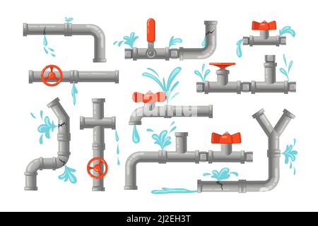 Broken pipes set. Metal pipelines with valves, taps and leaking water, pipe burst. Vector illustration for plumbing, home industrial system problem, l Stock Vector