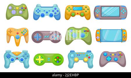 Creative video game controllers flat pictures set for web design. Cartoon joysticks, consoles and gamepads for gamer isolated vector illustrations. Di Stock Vector