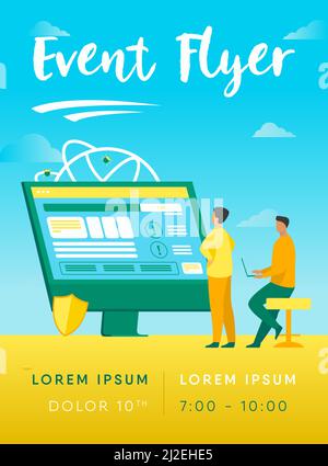 Developers testing software. Man with laptops watching infographics, fixing bugs, using computer. Vector illustration for application, programming, co Stock Vector