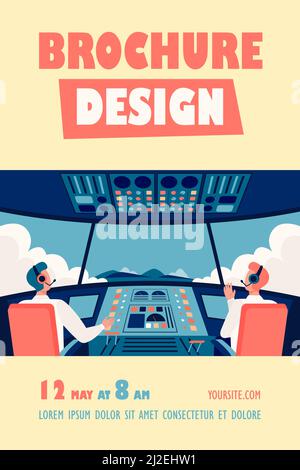 Colorful airplane cockpit isolated flat vector illustration. Two cartoon pilots sitting inside plane cabin in front of control panel. Flight crew and Stock Vector