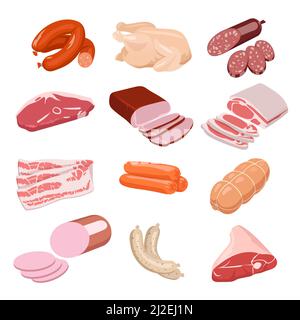 Fresh meat food cartoon set. Raw pork, beef steak, chicken, lamb, fresh bacon, ham, sausages design. Flat vector illustration. Butcher shop products c Stock Vector