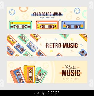 Creative banner designs with compact cassettes. Vivid brochures with vintage tape records. Retro music and audio equipment concept. Template for poste Stock Vector