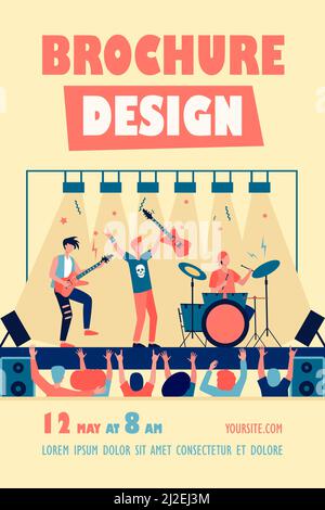 Famous rock band playing music and singing at stage flat vector illustration. Cartoon crowd of people standing near scene and waving hands. Concert an Stock Vector