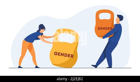 Gender discrimination and inequality. Man and woman lifting kettlebells of different weight. Flat vector illustration. Inequality, injustice concept f Stock Vector