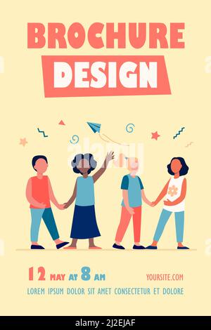 Diverse group of children in kindergarten. Team of African American, Asian, Caucasian boys and girls standing together. Vector illustration for intern Stock Vector