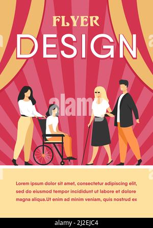 Volunteers helping disabled friends in outdoor walking, leading blind people or wheeling wheelchair. Can be used for disability, diversity, assistance Stock Vector