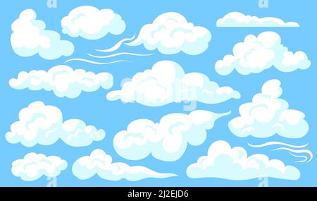 White clouds set. Blue cloudy sly, different shapes of soft clouds, heaven. Vector illustrations for atmosphere, weather, meteorology concept Stock Vector