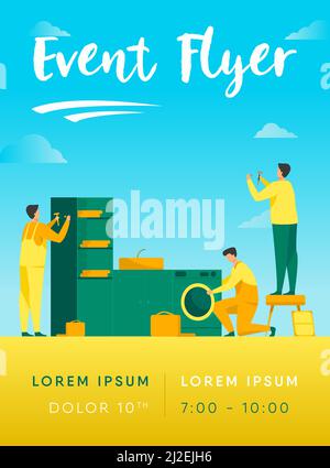 Handyman working at customer home. Repair man fixing washing machine, hammering nails. Vector illustration for housekeeping, household, service concep Stock Vector