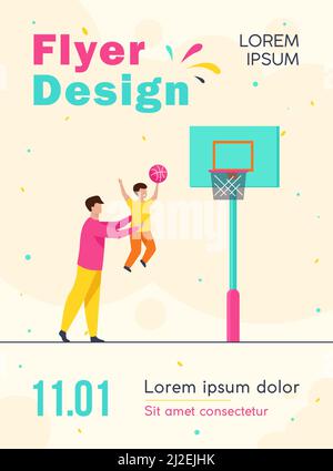 Dad playing basketball with little son. Father helping boy to throw ball into basket flat vector illustration. Family, sport activity, playground conc Stock Vector