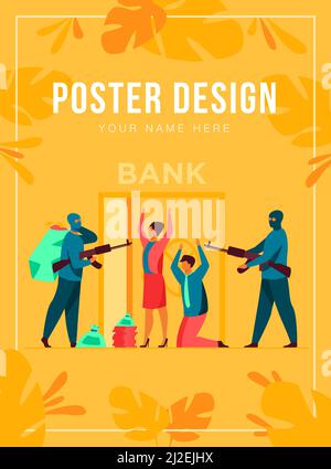 Gangsters with gun robbing bank. Criminals aiming riffle at workers, taking bags with money. Vector illustration for finance, security, robbery, burgl Stock Vector