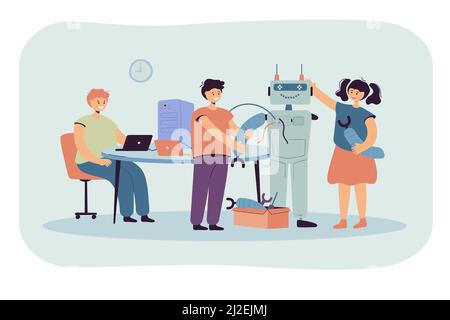 Happy children making robot for school project flat vector illustration. Cartoon students learning robotics with teacher. Engineering technology and e Stock Vector