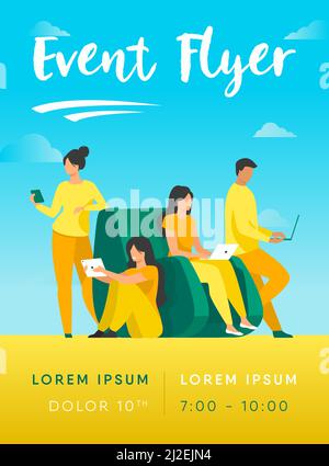 Digital device users spending time together. Group of men and women using laptop computers, tablet, smartphone. Vector illustration for web browsing, Stock Vector