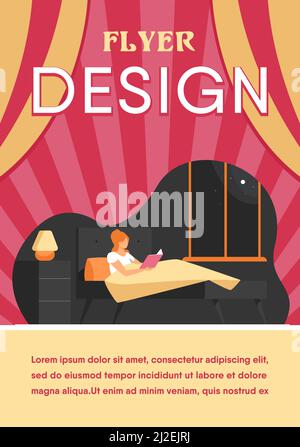 Young woman reading book before going to sleep. Girl resting in bed near bedside lamp and window at night. Vector illustration for bookworm, literatur Stock Vector