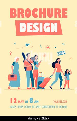 Group of tourists with suitcases and bags standing in airport. Families, elderly couples travelling with luggage. Vector illustration for trip, journe Stock Vector