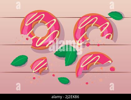 Bitten and half eaten pink donuts with white icing illustration. Colorful sweet doughnuts on table with leaves. Menu design, lunch, coffee break, unhe Stock Vector
