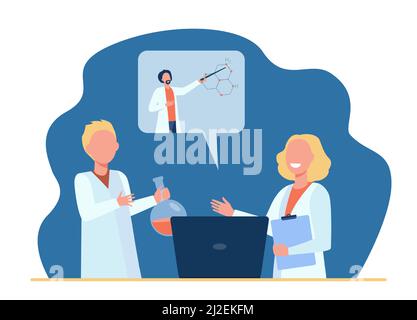 Happy children learning chemistry online. Laptop, flask, teacher flat vector illustration. Online education and e-learning concept for banner, website Stock Vector