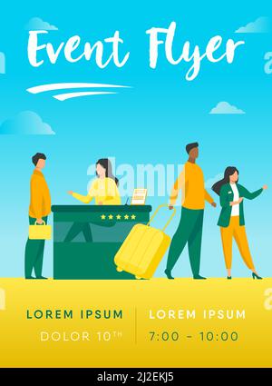 Friendly receptionists from hotel registration desk help client vector illustration. People waiting in queue for consultation. Concierge talking with Stock Vector