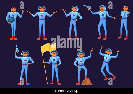 Funny aliens men in blue spacesuits set.  Cute futuristic humanoid astronauts galaxy invaders cartoon characters holding flag or blaster design. Flat Stock Vector