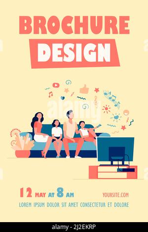 Cartoon happy family watching television together isolated flat vector illustration. Mother, father and kids relaxing on couch at home. Technology, li Stock Vector