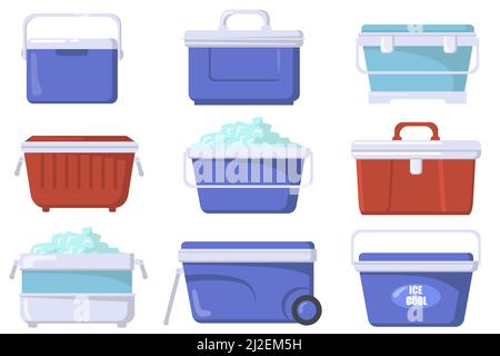 Handheld ice cooler boxes flat set for web design. Cartoon iceboxes and containers for picnic isolated vector illustration collection. Camping refrige Stock Vector