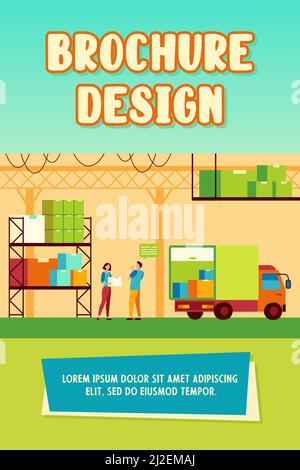 Logistics worker and courier loading truck. Box, parcel, warehouse flat vector illustration. Delivery, shipping, transportation concept for banner, we Stock Vector